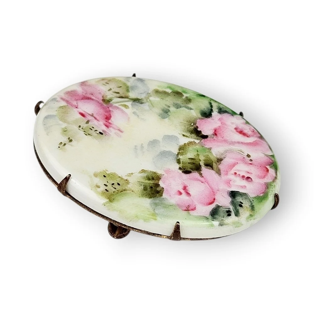 Antique Hand Painted Porcelain Brooch Pink Green Roses Oval 1910s Arts & Crafts